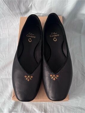 Colleen Cordero Prima- Black Leather Slip-On Ballet Flats with Gold Accent
